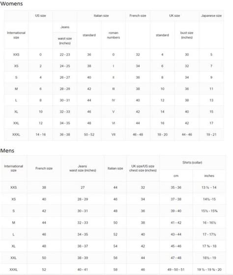 armani women's size chart.